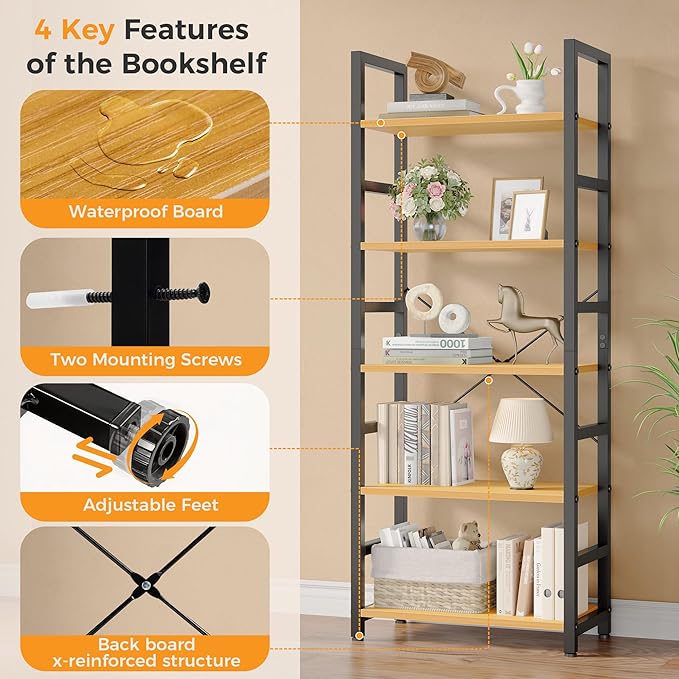 DUMOS 5-Tier Bookshelf, Modern Tall Bookcase, Open Storage Display Shelf for Living Room, Bedroom, Home Office, Narrow Standing Shelving Unit for Books, CDs, Décor，Wood