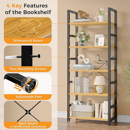 DUMOS 5-Tier Bookshelf, Modern Tall Bookcase, Open Storage Display Shelf for Living Room, Bedroom, Home Office, Narrow Standing Shelving Unit for Books, CDs, Décor，Wood