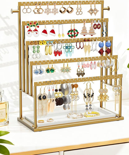 Earring Holder Organizer Gold, 5-Tier Jewelry Display Stand with Elegant Gold Metal Frame and Wooden Tray, Large Earring Holder for Studs, Hoops, Dangles, Decorative Jewelry Organizer for Women