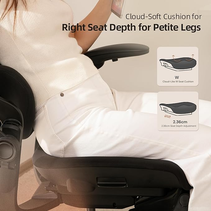 CabLady S2 Petite Ergonomic Office Chair for Women, Small Frame Desk Chair with Adjustable Lumbar, Headrest & Footrest, Space-Saving Flip-Up Armrests