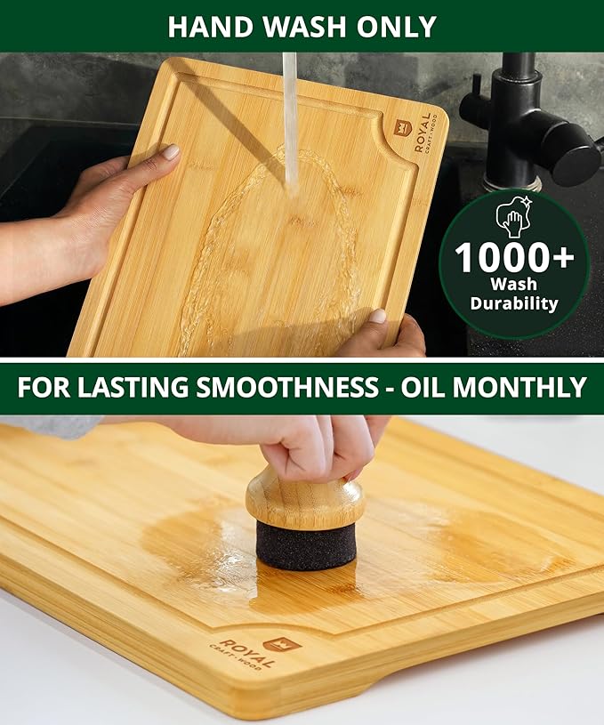 ROYAL CRAFT WOOD Wooden Cutting Boards for Kitchen Meal Prep & Serving - Bamboo Wood Serving Board Set with Deep Juice Groove Side Handles - Charcuterie & Chopping Butcher Block for Meat