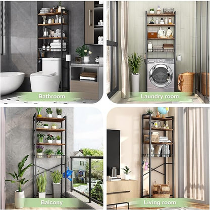 Kalrin Over-The-Toilet Storage Rack, 4-Tier Bathroom Organizer Shelf Over Toilet with Adjustable Shelf and Basket, Freestanding Space Saver Bathroom Shelves Above Toilet for Room (Vintage Brown)