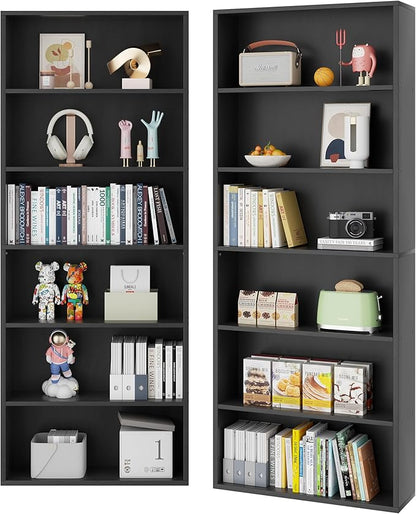 Vongrasig 6-Tier Open Bookcase and Bookshelf, Floor Standing Wood Display Storage Shelves 71 Inch Tall Bookcase Home Decor Furniture for Home Office, Living Room, Bed Room, Black, 2 Pieces