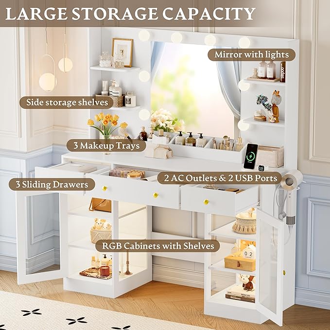 Vanity Desk With Mirror and Lights, Makeup Vanity Set with 3 Storage Drawers & Adjustable Shelves, Dressing Table with RGB Cabinets & Charging Station, 3 Lighting Modes for Women Kids Bedroom, White