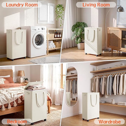 Slim Laundry Hamper with Wheels,15 Gal (55L) Rolling Laundry Basket with lid and wheels Clothes Hamper Foldable Tall Dirty Clothes Basket Sturdy Collapsible Clothes Hamper for Dorm,Laundry Room