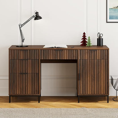 55" Large Fluted Executive Desk with Charging Station, Computer Desk with Storage Cabinet and File Drawer, Modern Wooden Home Office Desk for Workspace, Writing, Study, Brown