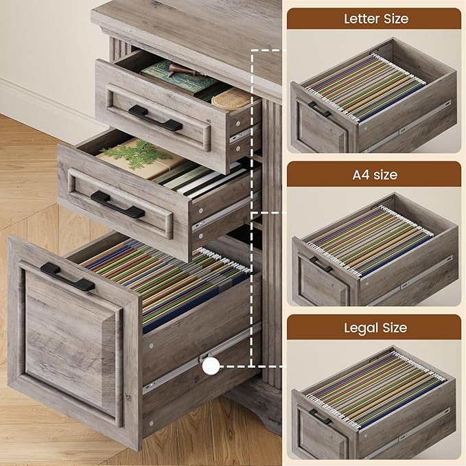 Itaar Farmhouse Executive L Shaped Desk, Home Office Desk with File Drawer and Power Outlet, Computer Corner Desk with Hutch and Drawer, Workstation for Office Home, Grey