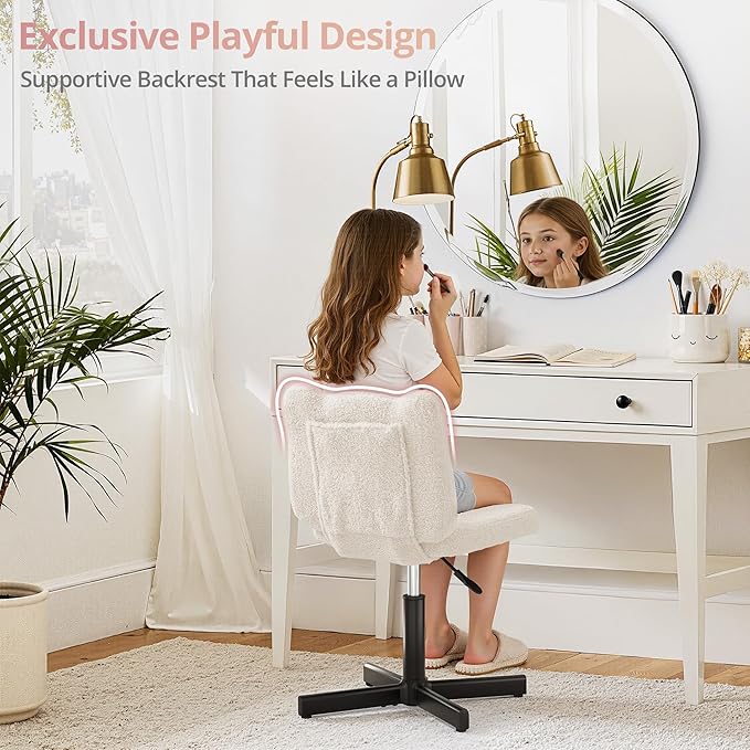 LUE BONA Adjustable Vanity Stool Chair with Girly Bear Ear Wide Back, 360° Swivel Vanity Stool for Makeup Room, Upholstered Teddy Velvet Ottoman for Girls, 350lbs, Beige