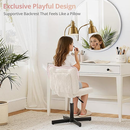 LUE BONA Adjustable Vanity Stool Chair with Girly Bear Ear Wide Back, 360° Swivel Vanity Stool for Makeup Room, Upholstered Teddy Velvet Ottoman for Girls, 350lbs, Beige
