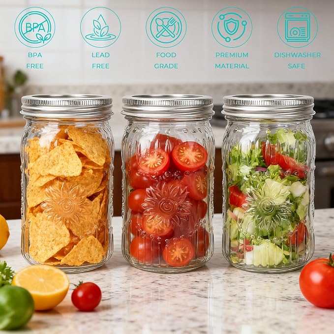 CycleMore 9 Pack 32oz Large Mason Jars with Metal Lids & Bands, Wide Mouth Canning Jars, 1 Quart Jars for Crafts & Homemade Gifts