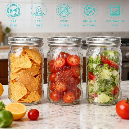 CycleMore 6 Pack 32oz Glass Mason Jars with Silver Two-Piece Lids - Wide Mouth Jars, 1 Quart Canning Jars With Sunflower Print for Preserving, Decor & Storage