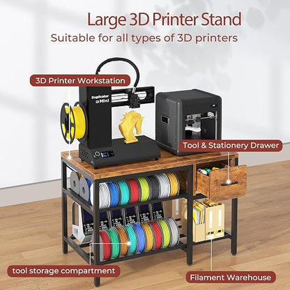 3D Printer Stand with Filament Storage – Heavy Duty Metal 3D Printer Table with Drawer and Power Hub for Workshop, Studio, and Office