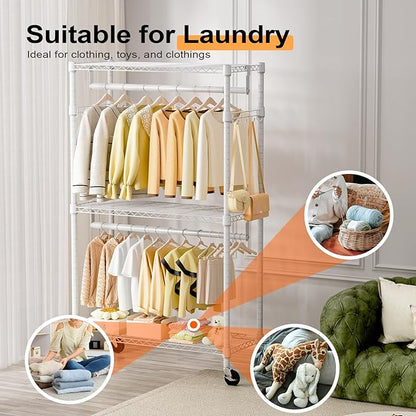 Heavy Duty Rolling Garment Rack 3 Tiers Adjustable Wire Shelving Clothes Rack with 2 Rods and Side Hooks,Storage Closet Clothing Rack with Wheels White 15.7" D x 29.5" W x 74.5" H