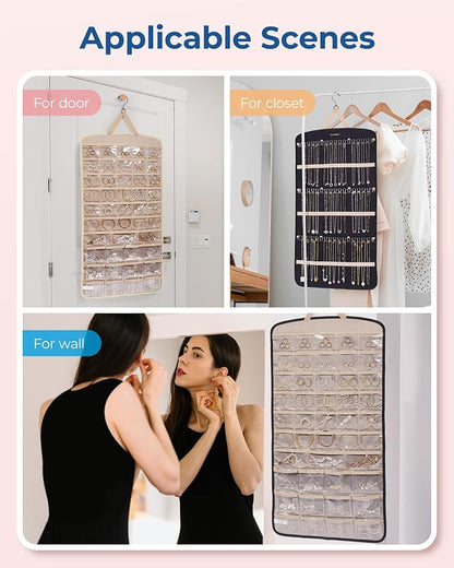 BAGSMART Hanging Jewelry Organizer, Necklace Holder Anti-tangle Earrings Rings Hanger with Pockets Hang on Closet, Wall, Door,1 Piece, Extra Large Beige