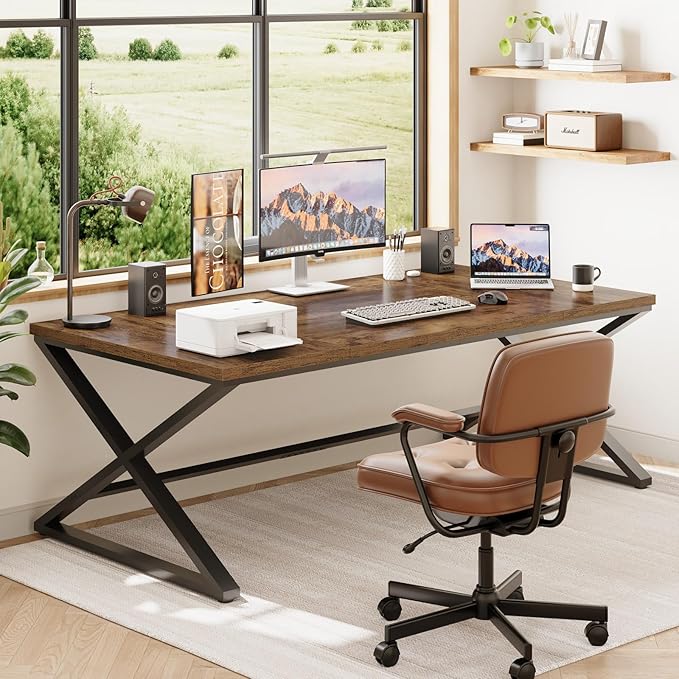 IBF 70.8" Rustic Computer Desk, Extra Long Wood Office Desk for Home, Industrial Metal Large Work Study Writing Table, Dual Monitor Pc Workstation Computer Table for Two Person, Rustic Brown