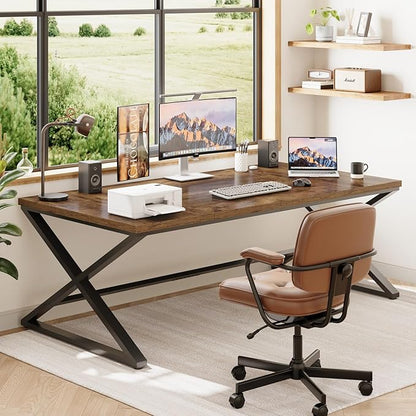 IBF 70.8" Rustic Computer Desk, Extra Long Wood Office Desk for Home, Industrial Metal Large Work Study Writing Table, Dual Monitor Pc Workstation Computer Table for Two Person, Rustic Brown