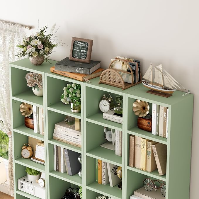 FOTOSOK 2 Pcs 71'' Tall Narrow Bookshelf, 8-Tier Media Tower Rack Set of 2, CD DVD Storage Cabinet with Adjustable Shelves, Tall Narrow Bookcase Skinny Display Bookshelf Slim Shelf, Green