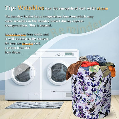 Dragonfly Laundry Basket Foldable With Handles Purple Floral Tote Bag Oxford Cloth Colorful Laundry Hamper Clothes Storage Bucket Toy Organizer For Bathroom/Laundry/Bedroom 18.9" x 16.5 "