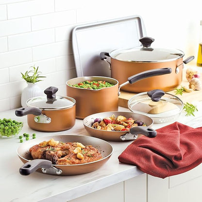 Farberware Cookstart DiamondMax Nonstick Cookware/Pots and Pans Set, Dishwasher Safe, Includes Baking Pan and Cooking Tools, 15 Piece - Copper