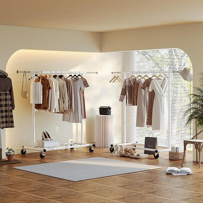 Raybee Clothing Rack for Hanging Clothes, Rolling Clothes Rack Load 250LBS, Metal Clothes Racks, Clothing Rack with Wheels Portable, White