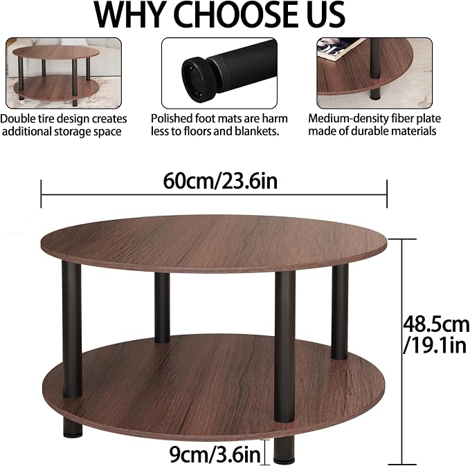 23.6" Round Coffee Table, 2-Tier Small Circle Coffee Table with Storage, Modern Center Accent Table with Metal Frame, Side Table End Table for Small Space, Living Room, Office, Walnut