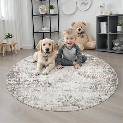 Round Area Rug for Living Room: 5 ft Washable Modern Abstract Soft Thin Rug Indoor Floor No Slip Stain Resistant Carpet for Bedroom Dining Room Farmhouse Nursery Home Office - Brown Grey
