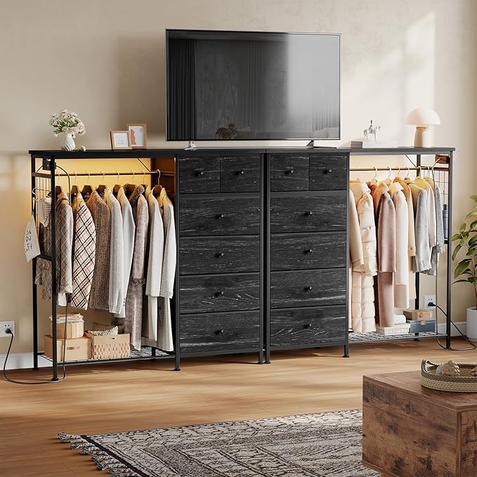 OLIXIS 6 Storage for Bedroom with Hanging Rack with LED Lights & Charging Station, Fabric Chest of Storage with Rack, Wooden Top, for Home Living Room Entryway Black Wood Grain