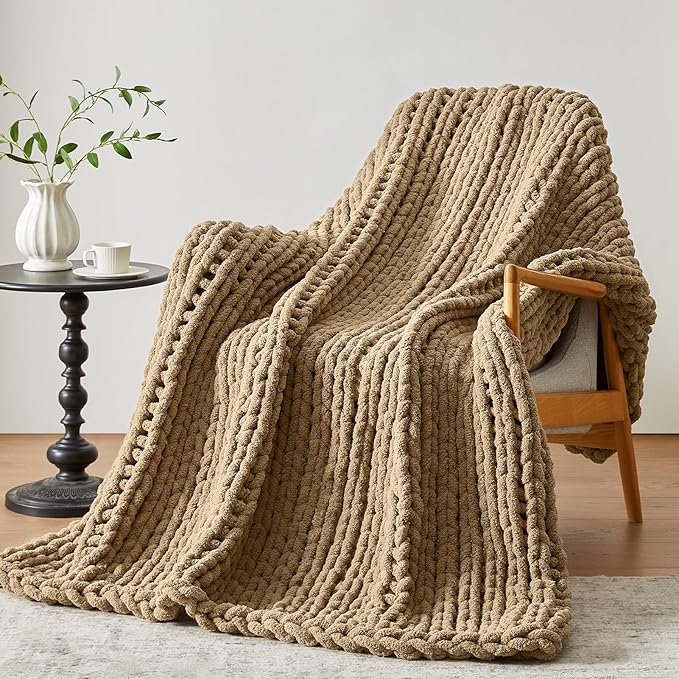 Negwoo Chunky Knit Throw Blanket, 60''*80'' Knitted Throw Chenille Yarn for Bed Couch, Handmade Light Brown Crochet Big Thick Blanket, Machine Washable Cute Comfy Blanket for Home Decor