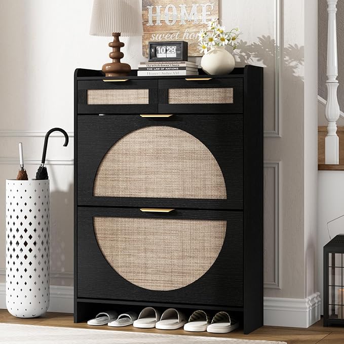 Rattan Shoe Storage Cabinet with 2 Flip Drawers & 2 Drawers, Freestanding Organizer for Front Door Entrance, Hidden Narrow Shoe Rack Cabinet Storage for Entryway, Black