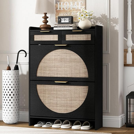 Rattan Shoe Storage Cabinet with 2 Flip Drawers & 2 Drawers, Freestanding Organizer for Front Door Entrance, Hidden Narrow Shoe Rack Cabinet Storage for Entryway, Black