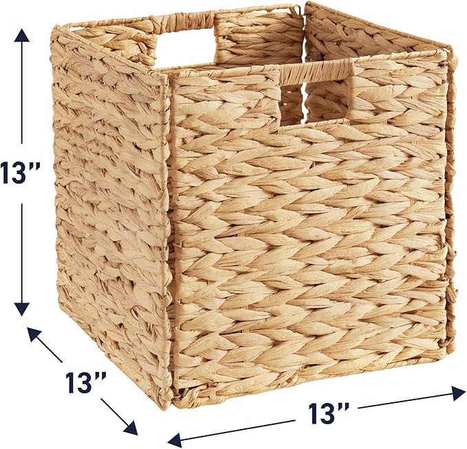 Ornavo Home 13 x 13 Inch Water Hyacinth Baskets Set of 8 – Handwoven Collapsible Wicker Storage Cube Bins with Handles for Bathroom, Bedroom, Laundry and Pantry - Natural