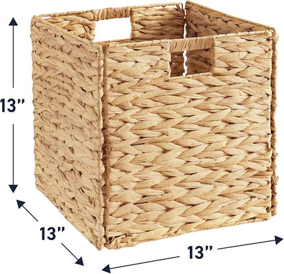 Ornavo Home 13 x 13 Inch Water Hyacinth Baskets Set of 8 – Handwoven Collapsible Wicker Storage Cube Bins with Handles for Bathroom, Bedroom, Laundry and Pantry - Natural