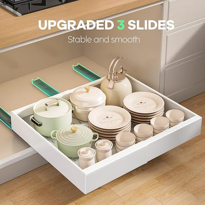 Seinloes 4 Pack Pull out Cabinet Organizer 21"Deep with Raising Pad for Framed Cabinets, Expandable Slide out Drawers for Kitchen Cabinets with 4pcs Divider Racks, Roll out Shelves 12.1"-20.4" W White