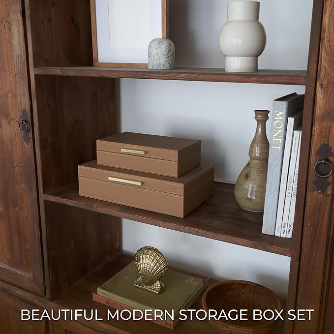 ZICOTO Decorative Storage Boxes with Lids – Set of 2 Beautiful PU Leather Organizer Bins for Your Bookshelf Home Decor - Safely Store Photos, Documents and Memory Box Keepsakes in Style