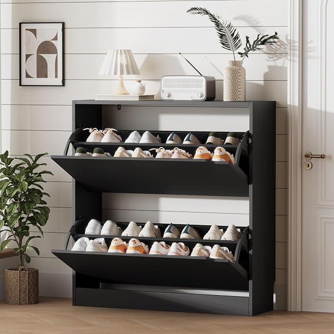 Xixini Shoe Storage Cabinet for Entryway with 2 Flip Drawers, Wood Freestanding Hidden Shoe Storage, Sturdy Narrow Slim Shoe Organizer for Front Door Entrance, Living Room, Hallway, Bedroom, Black