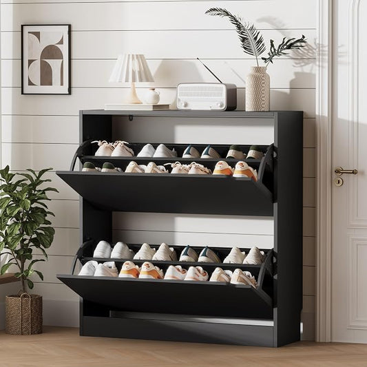 Xixini Shoe Storage Cabinet for Entryway with 2 Flip Drawers, Wood Freestanding Hidden Shoe Storage, Sturdy Narrow Slim Shoe Organizer for Front Door Entrance, Living Room, Hallway, Bedroom, Black