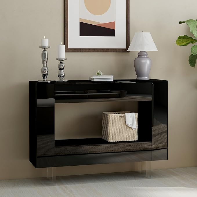 High Gloss Console Table with Hidden Side Storage Cabinets, Adjustable Shelves, Modern Black Entryway Sofa Table for Behind The Couch, Living Room, Hallway, Black