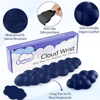 Sushret Cloud Wrist Rest Keyboard, Cloud Keyboard Wrist Pad Set with PU Leather Memory Foam, Cute Arm Rest for Palm Support, PC/Gaming Desk Accessories/Office Setup/Computer Hand Cushion - Dark Blue