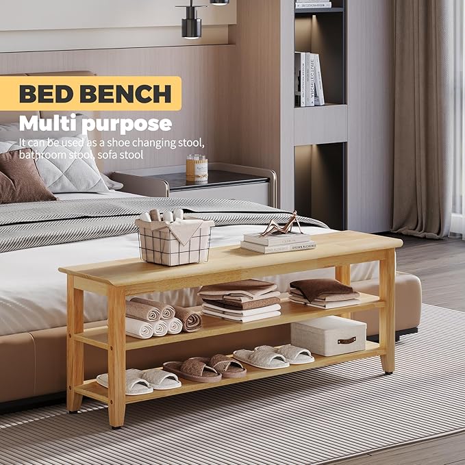 Wood Shoe Bench for Entryway,Bench with Shoe Rack,Storage Shoe Organizer for Hallway,Living Room,Bedroom (Natural, 47.24''W×11.81‘’D×17.71‘’H)