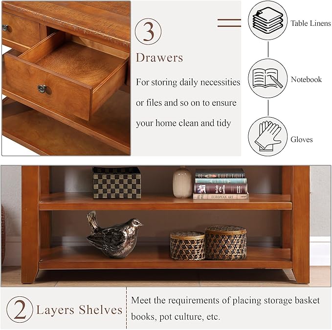 LKTART Solid Wood Console Table Entryway Table with Storage Drawers and Bottom Shelf Sofa Table for Entry Hallway Foyer Sofa Couch Table,Easy Assembly (48.8" Brown)