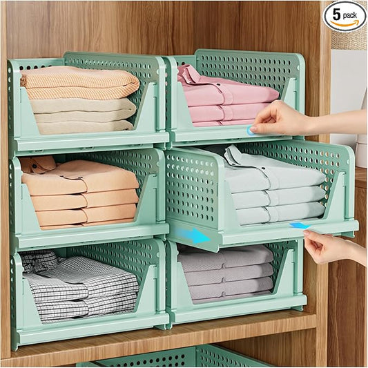 SNSLXH 5 Pack Stackable Closet Organizer Box, Multifunctional & Foldable Closet Storage Basket for Bathroom Kitchen Laundry Room Wardrobe Storage, Space-Saving Clothes Storage Drawer Organizer, Green