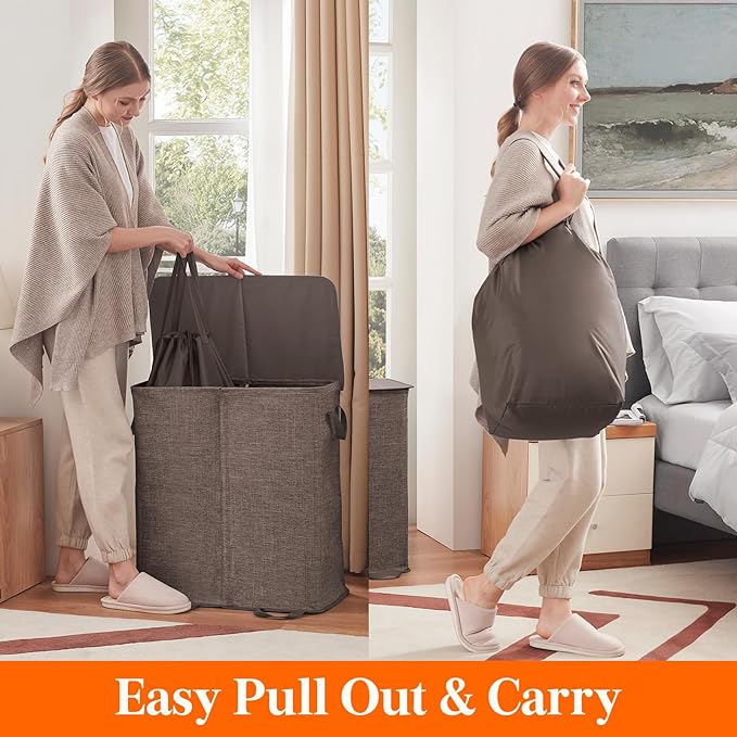 Lifewit Double Laundry Hamper with Lid and Removable Laundry Bags, Large Collapsible 2 Dividers Dirty Clothes Basket with Handles for Bedroom, Laundry Room, Closet, Bathroom, College, 136L Brown