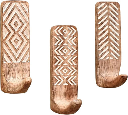 Indian Shelf Boho Decorative Wood Adhesive Wall Hooks for Hanging Coats, Keys, Leash, Hat, Towel Holder, Cute Sticky Key Holder, Brown White Western Wall Décor (3 Hook 6 Strips)