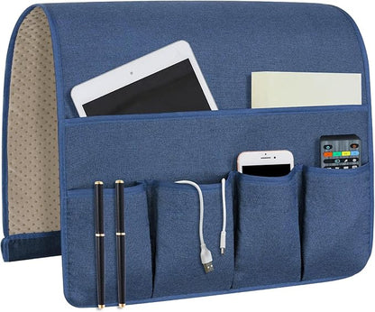 NB Sofa Armrest Organize Remote Holder Bedside Caddy Organizer With 5 Pockets，Non-Slip Couch Remote Control Holder Couch Armchair Caddy Accessories (Blue, 35''X18'')
