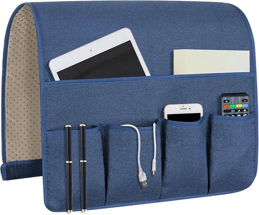 NB Sofa Armrest Organize Remote Holder Bedside Caddy Organizer With 5 Pockets，Non-Slip Couch Remote Control Holder Couch Armchair Caddy Accessories (Blue, 35''X18'')