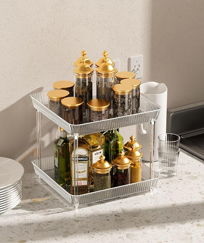 2 Tier Lazy Susan Bathroom Countertop Organizer, 360° Clear Rotating Square Storage Tray, Cosmetics and Perfume Organizer, Spinning Storage Tray Vanity Organizer Shelf for Bathroom Cabinet, Kitchen