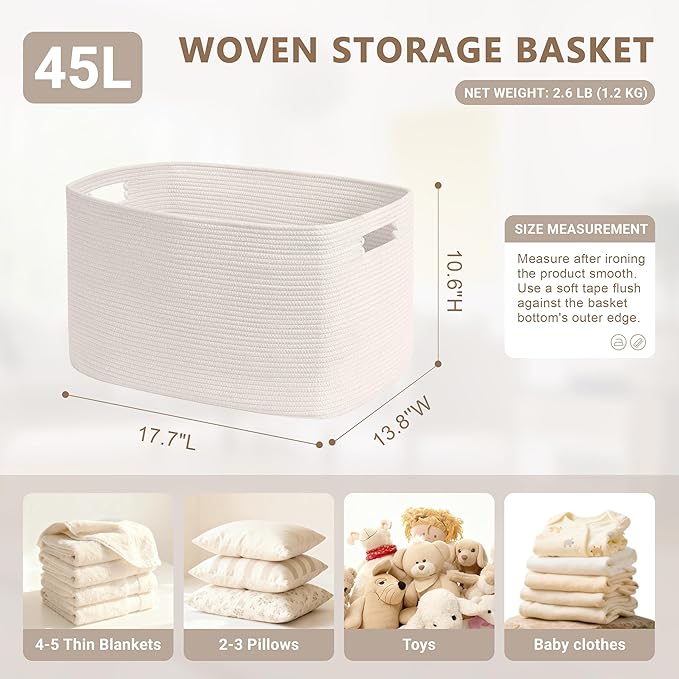 SunNewt 45L Small Baby Girls Laundry Basket for Nursery Storage,Cute Woven cotton Rope Baskets for Kids Toy，Gifts,Boho Square Wicker Blanket hamper for Living Room,Bedroom Dirty Clothes, White