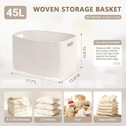 SunNewt 45L Small Baby Girls Laundry Basket for Nursery Storage,Cute Woven cotton Rope Baskets for Kids Toy，Gifts,Boho Square Wicker Blanket hamper for Living Room,Bedroom Dirty Clothes, White