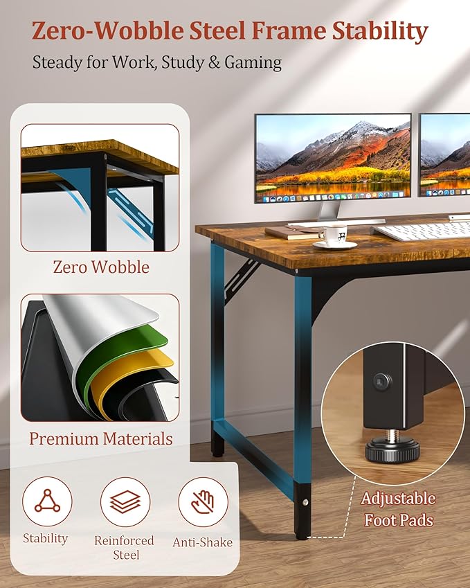 Computer Desk, 47.2" Office Desk, Extra Wide 23.62” Deep Desktop, 0.59” Thick Heavy-Duty Home Office Desks, Office Table with Steel Frame, Modern Wood PC Desk for Bedroom Study Writing Gaming Work