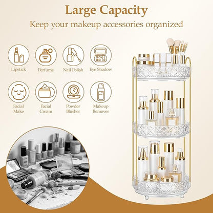 360 Rotating Makeup Organizer for Vanity, 3 Tier Adjustable Perfume Organizer for Dresser, Multi-Function Spinning Cosmetics Skincare Storage for Bedroom, Dresser, Countertop, Clear